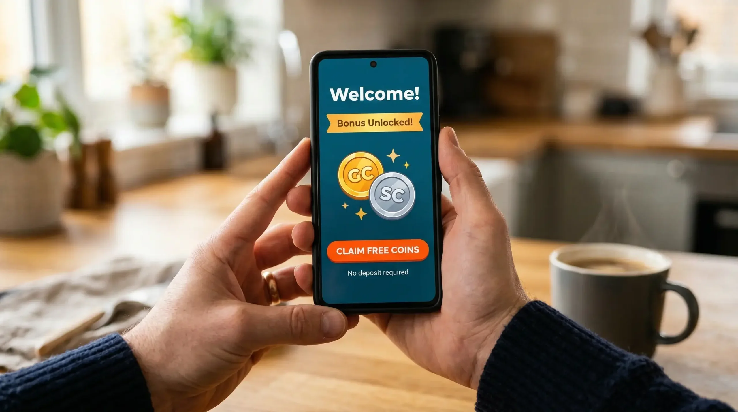 Person receiving free sweeps coins bonus on a smartphone