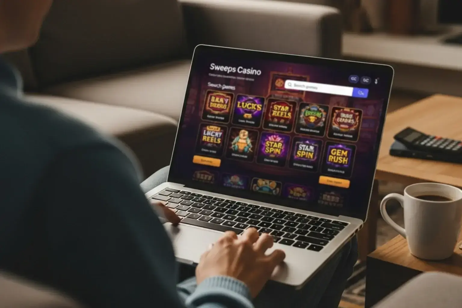 Player exploring a sweepstakes coins casino on a laptop screen