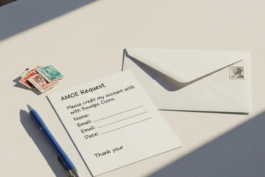 Handwritten letter and envelope on a desk next to a pen and stamps