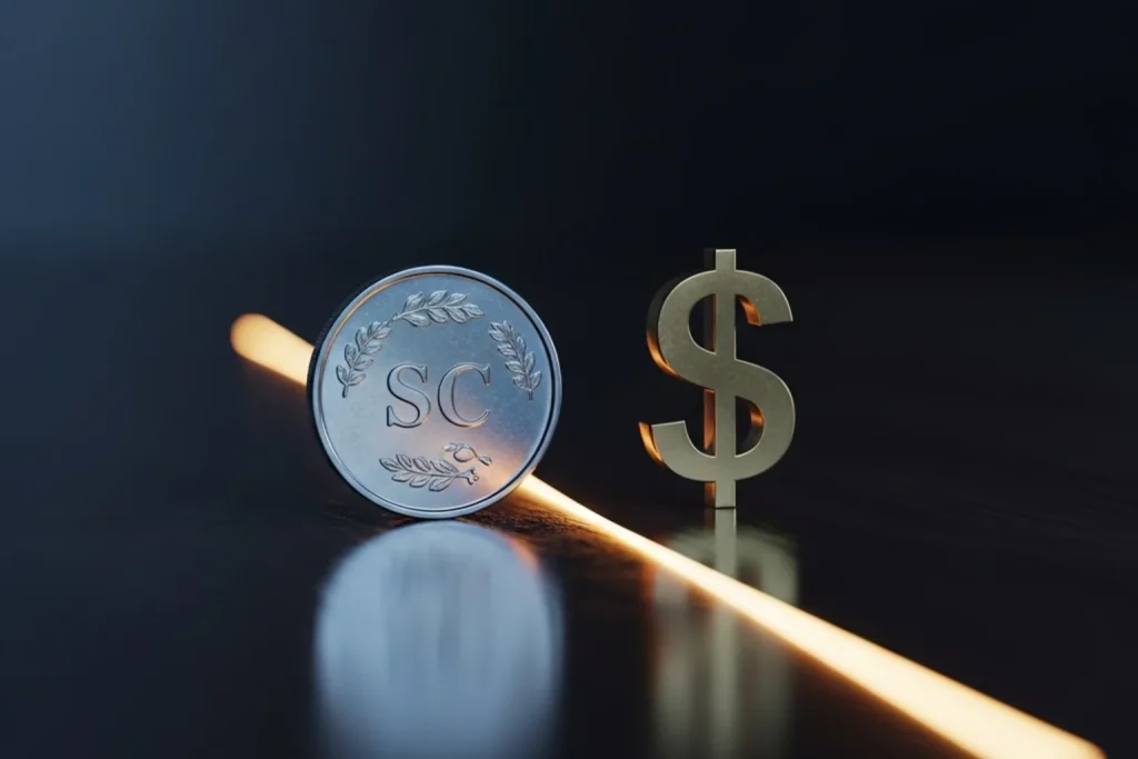 A sweeps coin balanced on its edge next to a dollar symbol on a desk