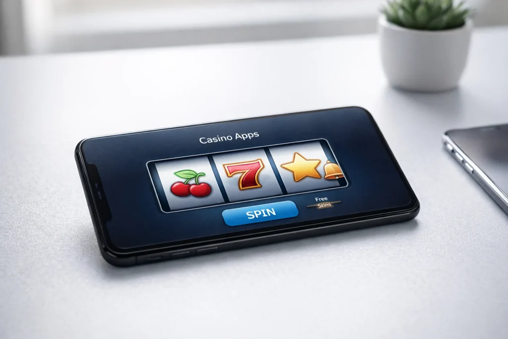 Smartphone displaying a sweepstakes casino app interface on a clean desk