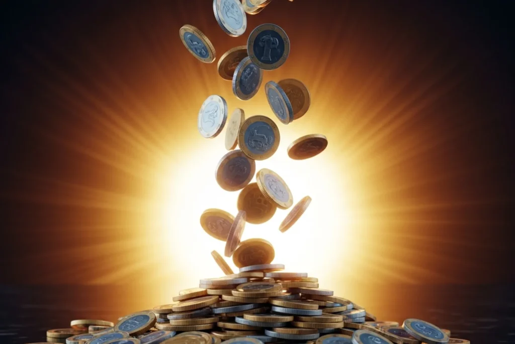 Bright jackpot light display with coins cascading under dramatic lighting