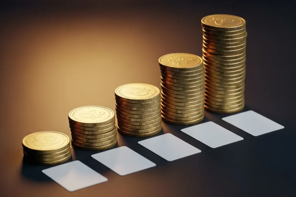 Multiple gold coin stacks of different sizes arranged on a surface with price tags