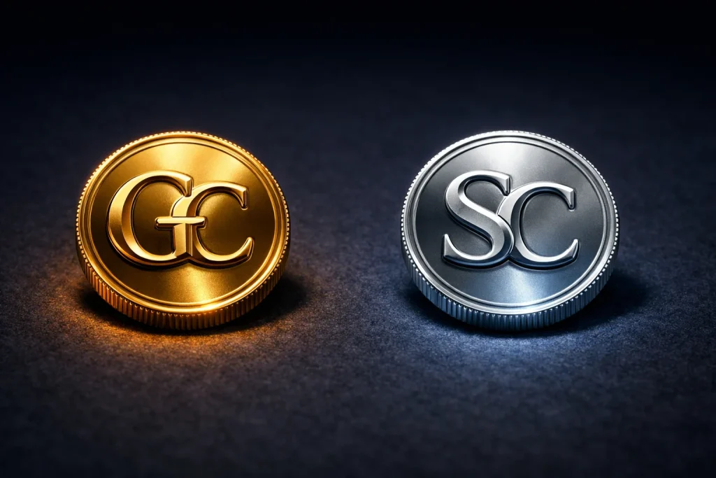 Gold coin and sweeps coin side by side on a casino felt table under warm light