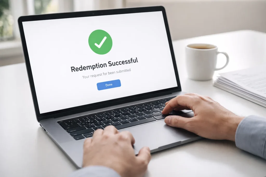 Person reviewing a sweeps coins redemption confirmation on a laptop screen