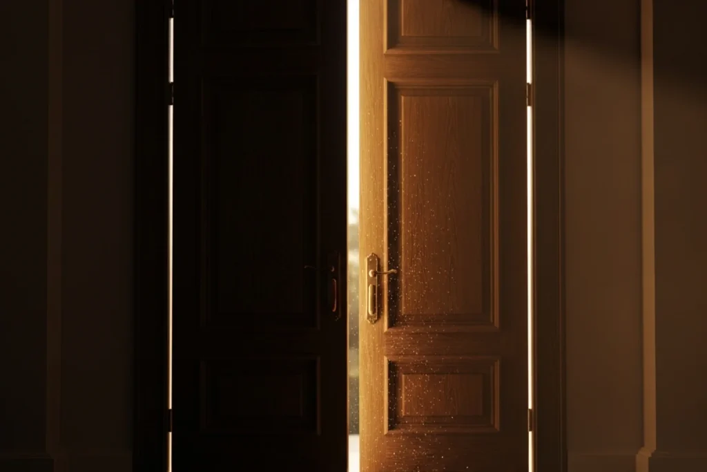 Freshly opened door with bright light pouring through revealing a new opportunity