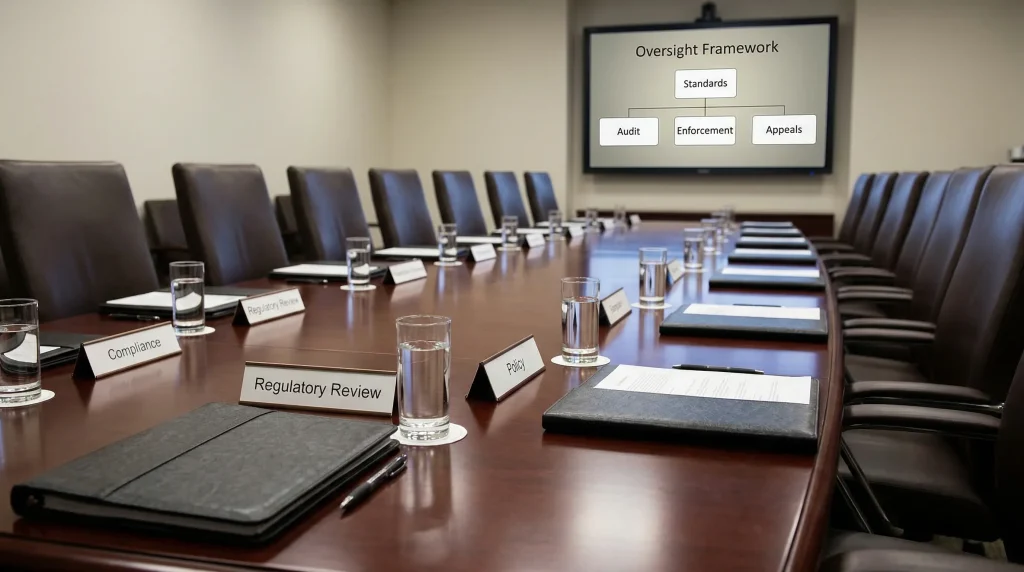 Formal conference table with nameplates and documents under professional lighting