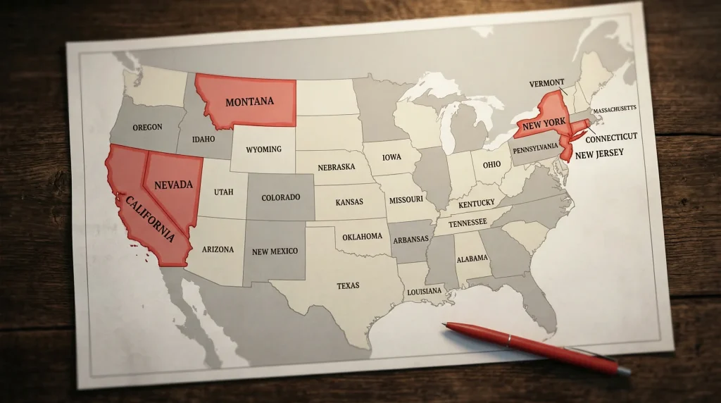 US map with several states marked in red under dramatic overhead lighting