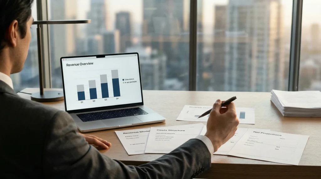 Business professional reviewing financial documents at a modern desk