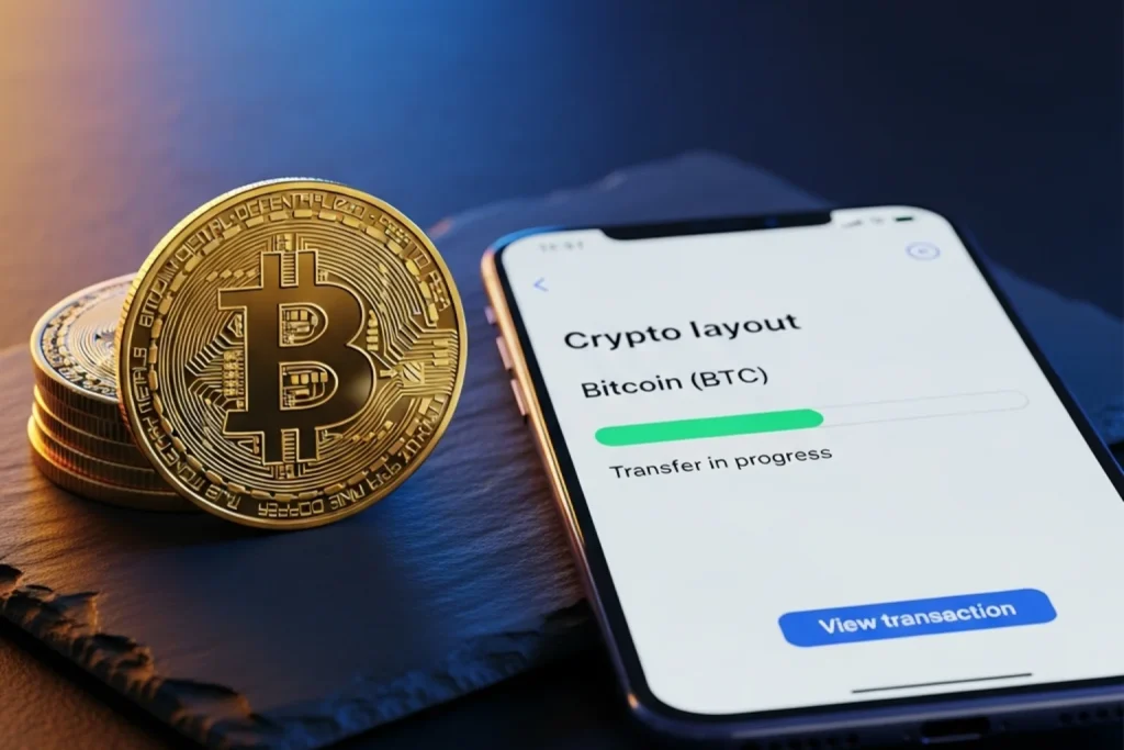 Physical bitcoin token next to a smartphone wallet app on a dark surface
