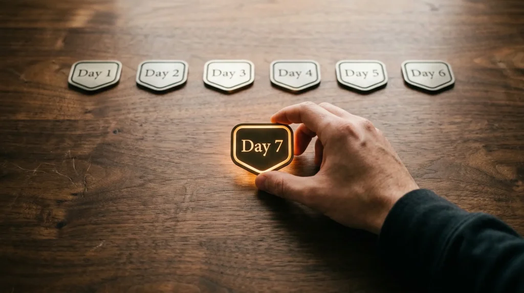 Hand reaching toward a glowing daily reward badge on a desk