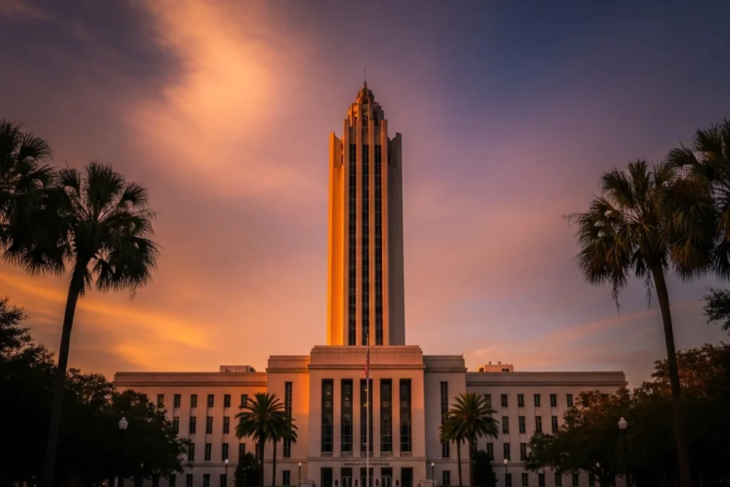 Florida state capitol building under a dramatic sunset sky