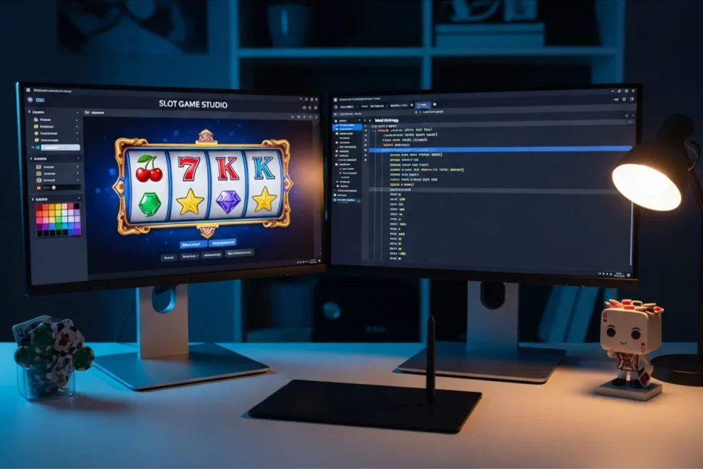 Game development workspace with multiple monitors showing colorful slot designs