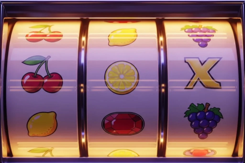 Close-up of a colorful slot machine reel showing winning symbols under bright light