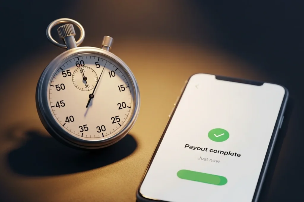 Stopwatch next to a smartphone showing a completed withdrawal notification