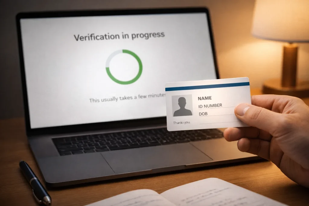 Person holding an ID document in front of a laptop camera for verification