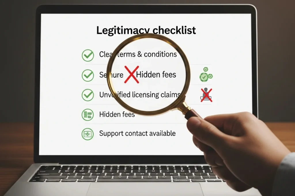 Magnifying glass hovering over a laptop screen showing a website checklist