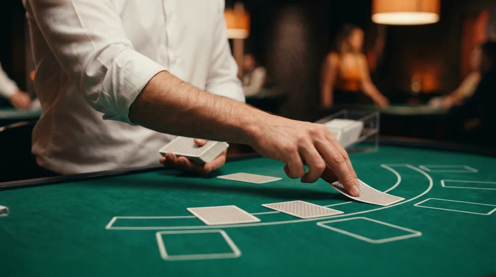 Live dealer dealing cards at a green blackjack table under studio lighting