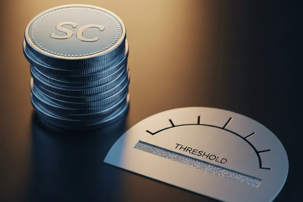 Small stack of sweeps coins next to a progress bar reaching a threshold mark