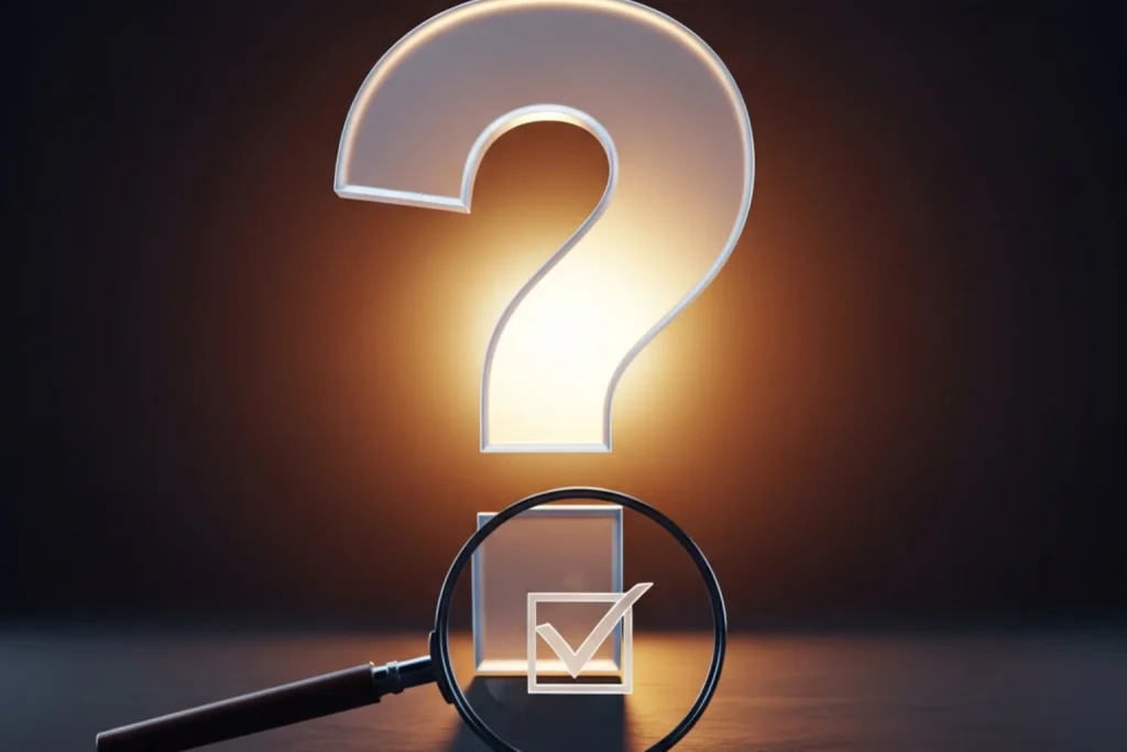 Magnifying glass revealing hidden truth behind a question mark symbol