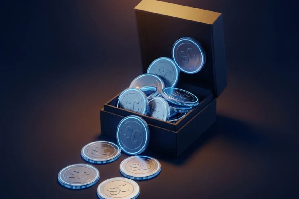 Open gift box with glowing sweeps coins spilling onto a dark surface