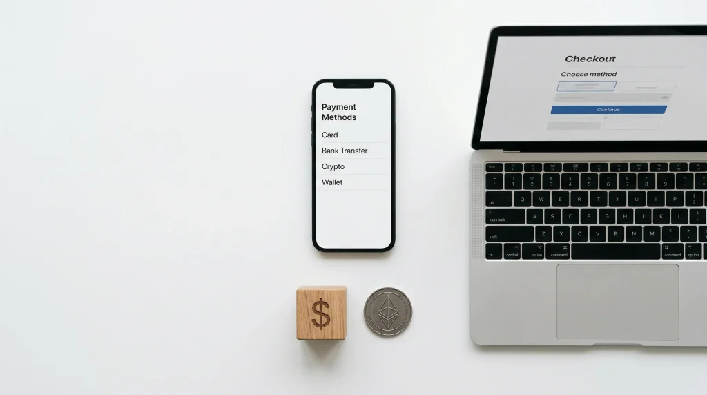 Various payment method icons arranged on a clean desk surface