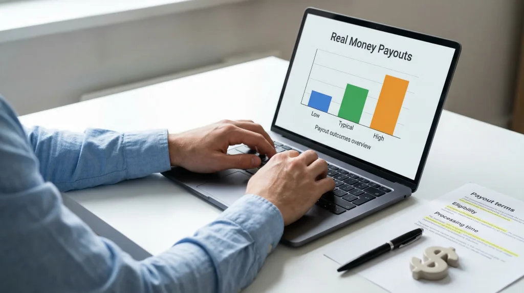 Sweepstakes casino real money: person reviewing payout data on a laptop