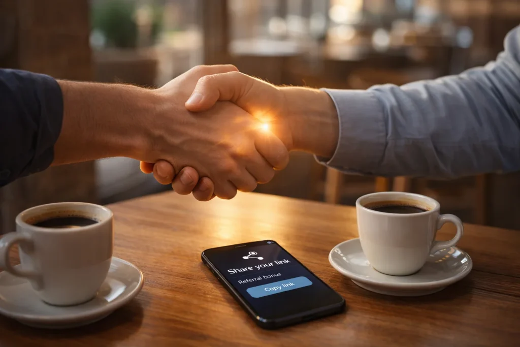 Two people shaking hands with a glowing referral link symbol between them