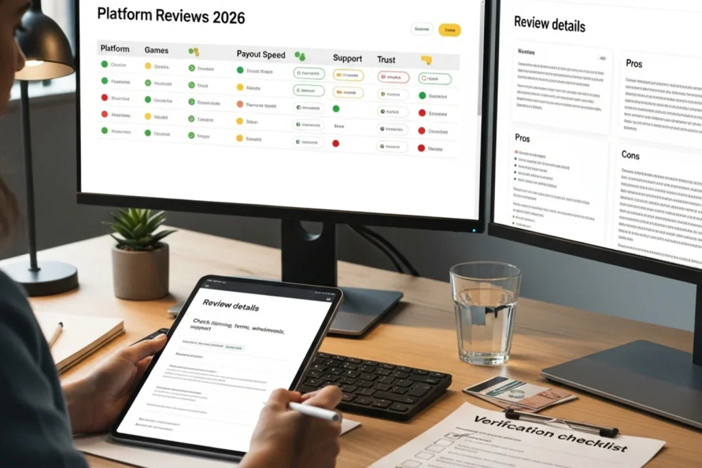 Sweepstakes casino reviews: analyst comparing platform ratings on a screen