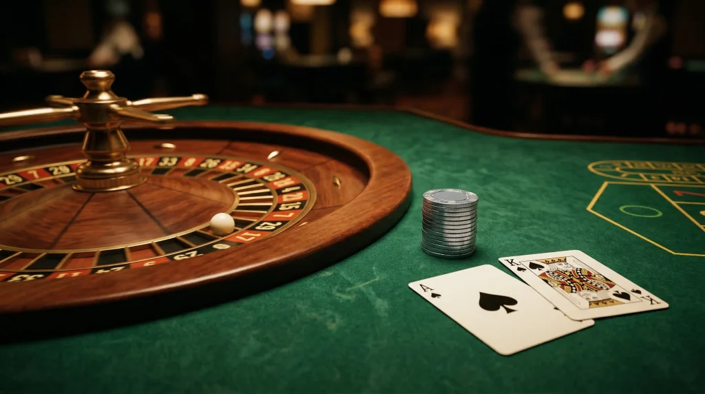 Roulette wheel and blackjack cards on a green felt table under warm lighting