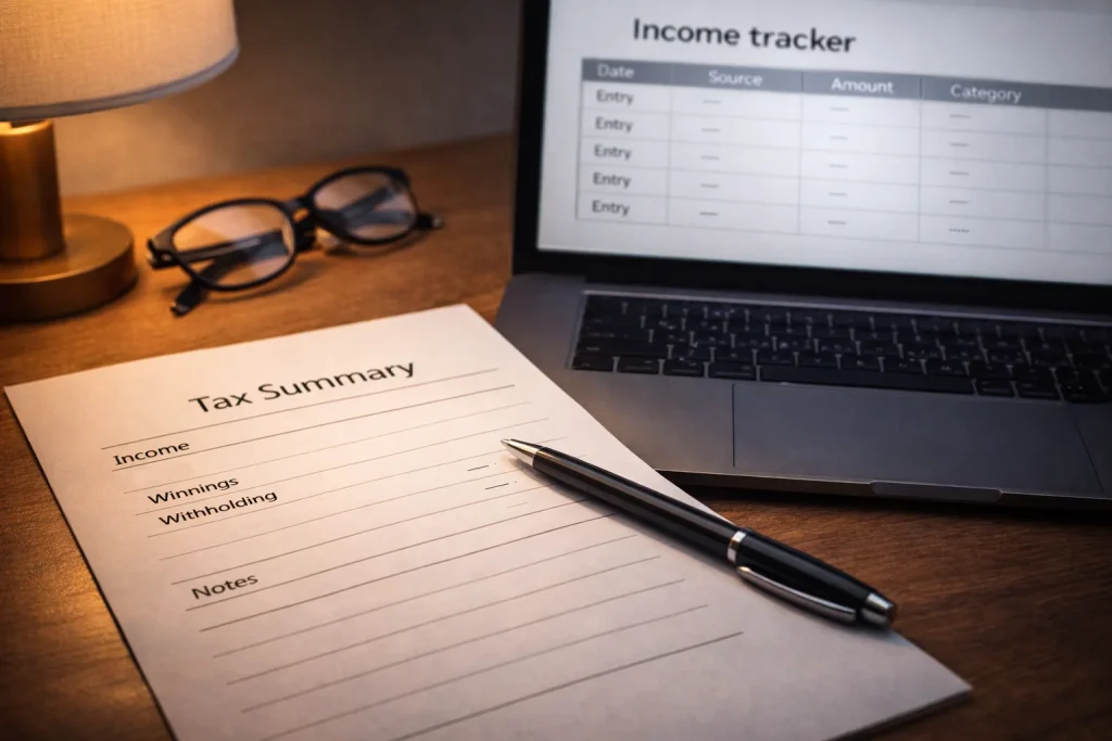 Tax form and pen on a desk next to a laptop showing financial documents
