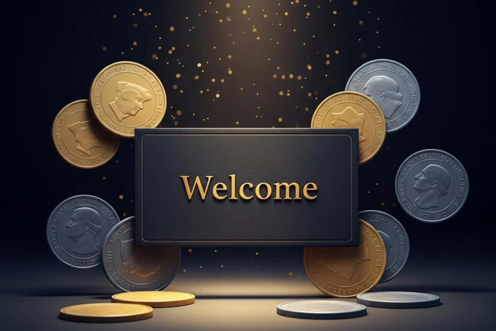 Welcome banner with golden coins and confetti on a dark background