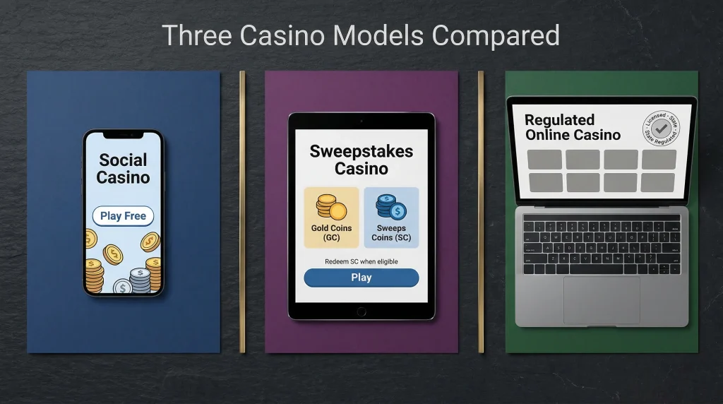 Sweepstakes vs social vs real-money casinos: three distinct gaming setups side by side